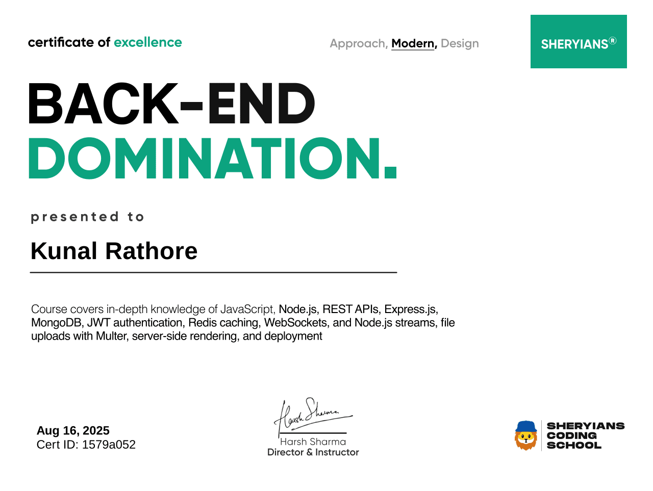 Backend Domination certificate from Sheryians Coding School