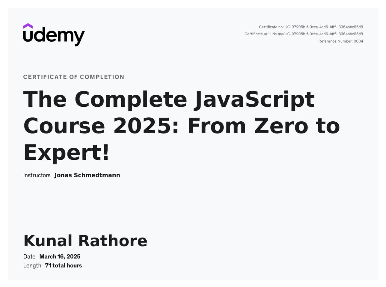 Udemy certificate for The Complete JavaScript Course 2025