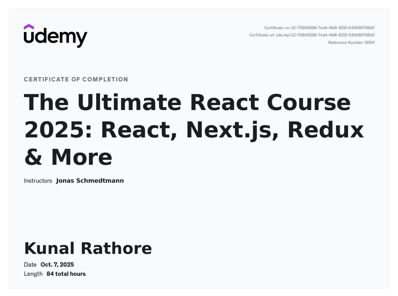 Udemy certificate for The Ultimate React Course 2025