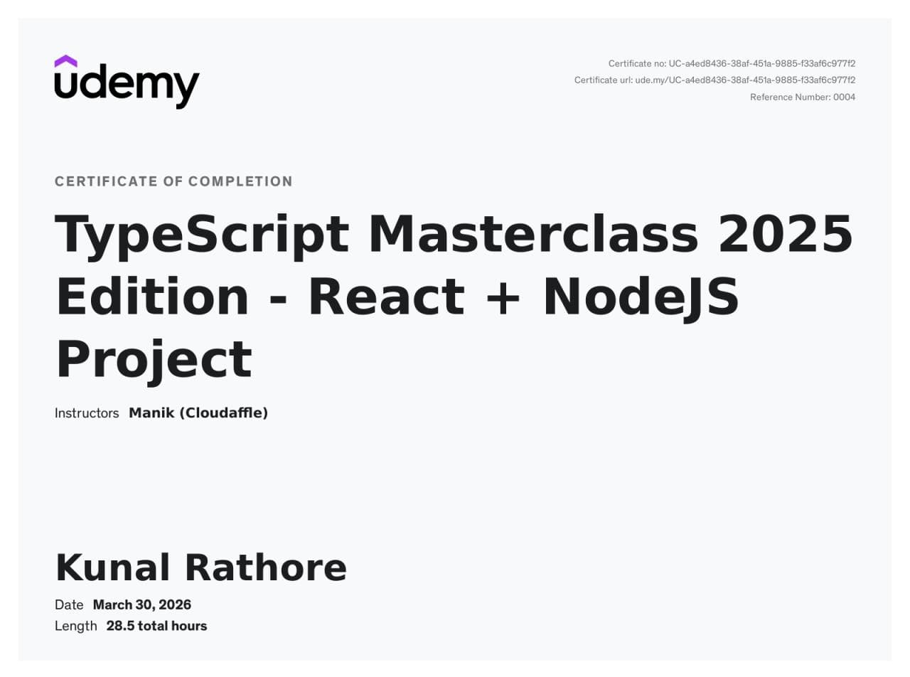 Udemy certificate for TypeScript Masterclass 2025 Edition