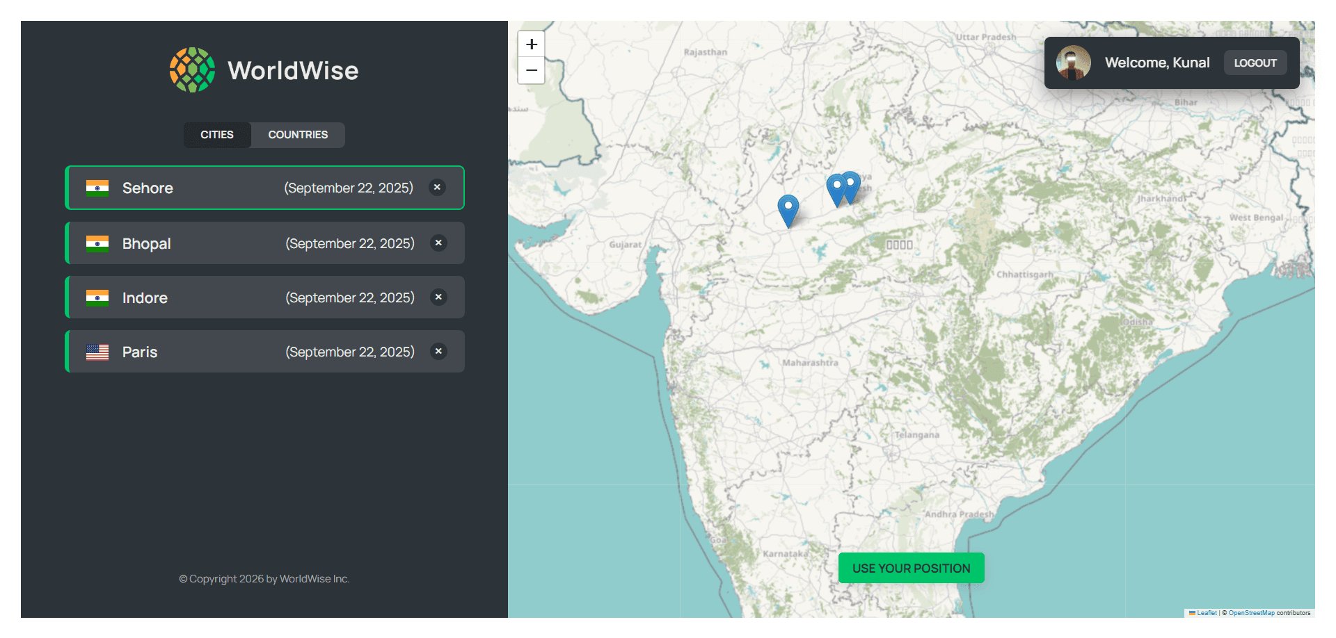 WorldWise travel map application.